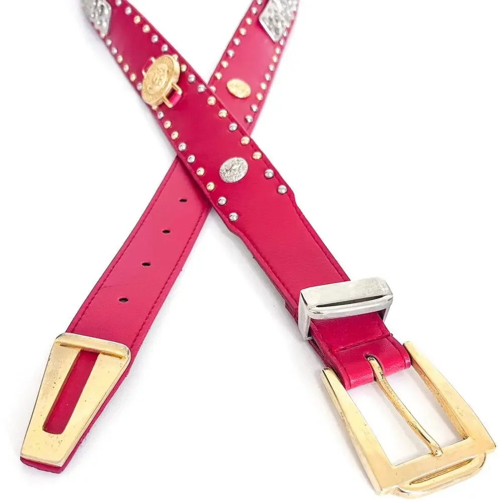 Vintage Womens Western Studded Lion‎ Belt 42 Red Faux Leather Concert Festival